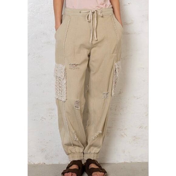 NWT POL Crochet Cargo Jogger Pants Jeans Women's Large Cream Boho Hippie Cottage - Picture 1 of 15